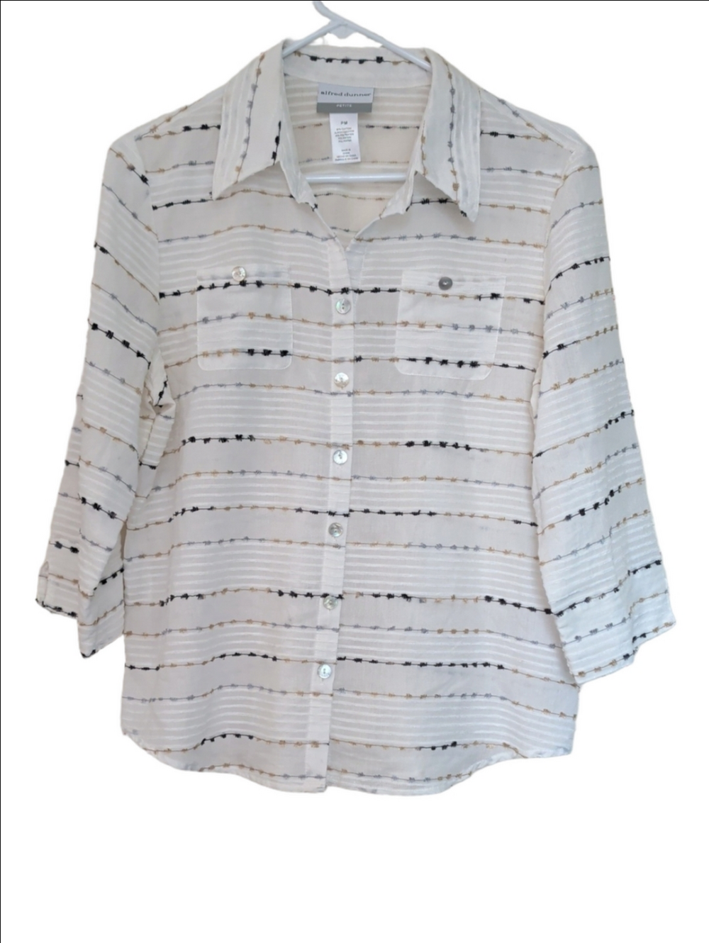 Alfred Dunner Top White Striped Button-Up Shirt PM Aztec Southwestern PM Cowgirl